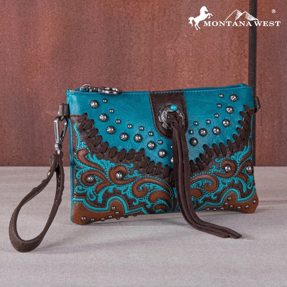 Montana West Embroidered Scroll Cut-out Collection Clutch/Crossbody Turquoise